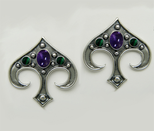 Sterling Silver Gothic Inspired Drop Dangle Earrings With Iolite And Malachite